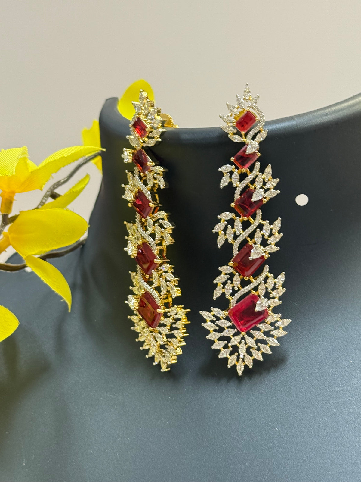 CZ Long Earrings- Red Stones