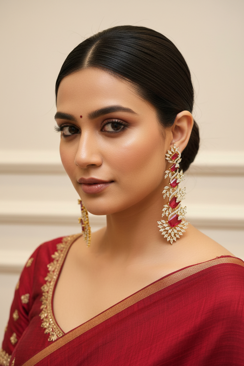 CZ Long Earrings- Red Stones
