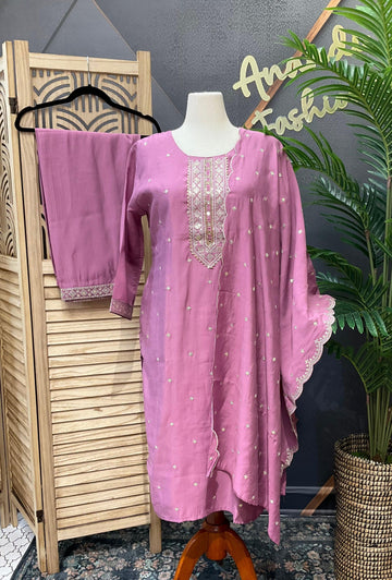 Plus Size Party Wear Kurti Set - Lavender Roman Silk