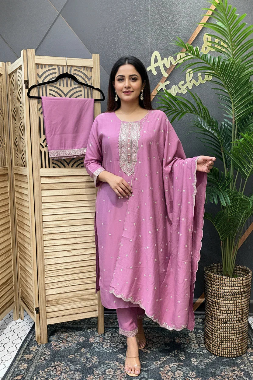 Woman modeling a pink embroidered Indian ethnic suit with matching dupatta and pants at Anandi Fashions