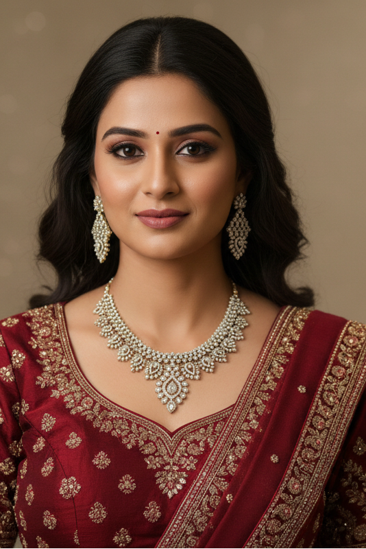 Indian woman wearing red ethnic saree with gold embroidery and pearl jewelry necklace and earrings