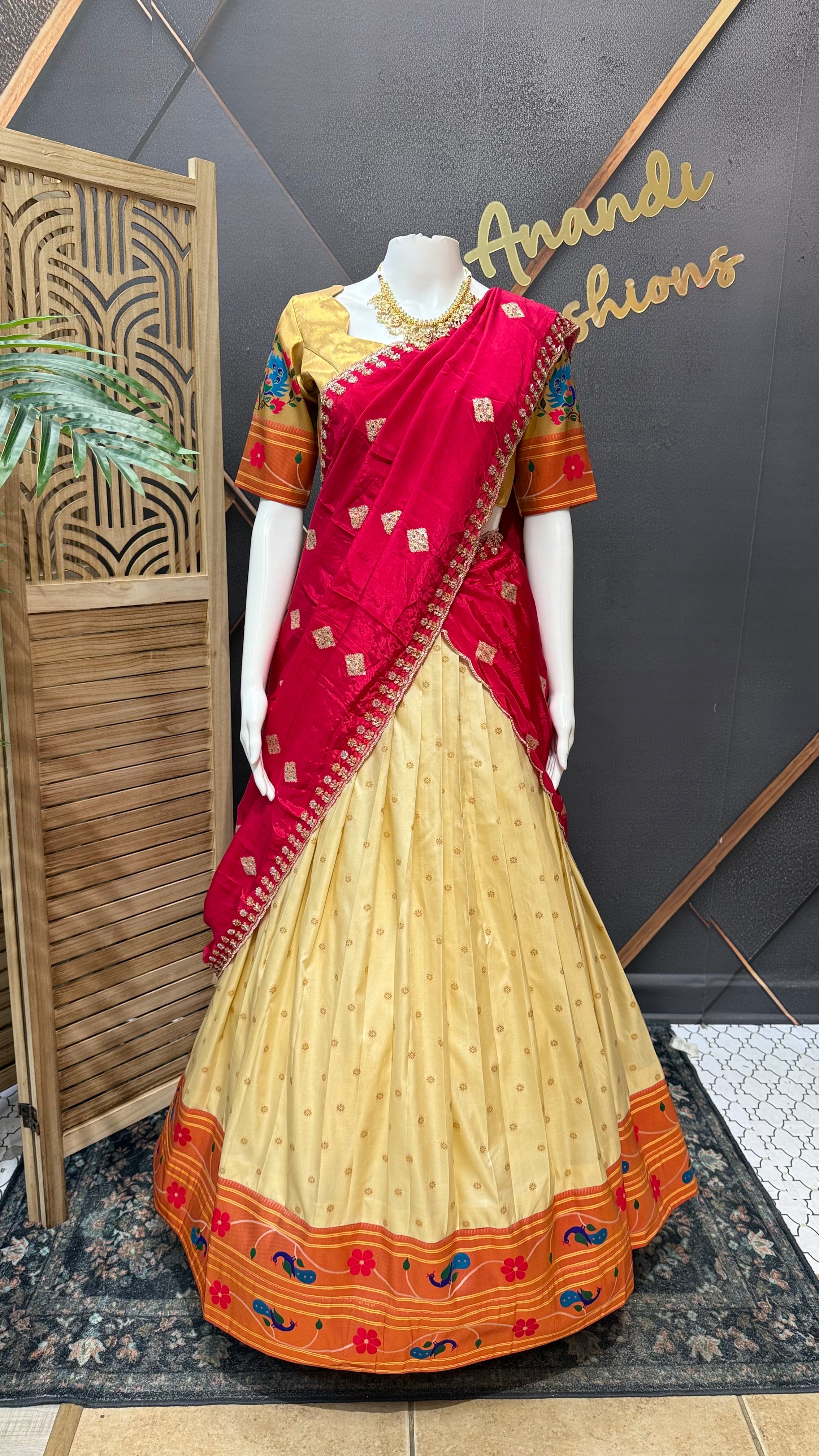 Teenage Girls Semi Paithani Half Saree/Lehenga set in Beige Color