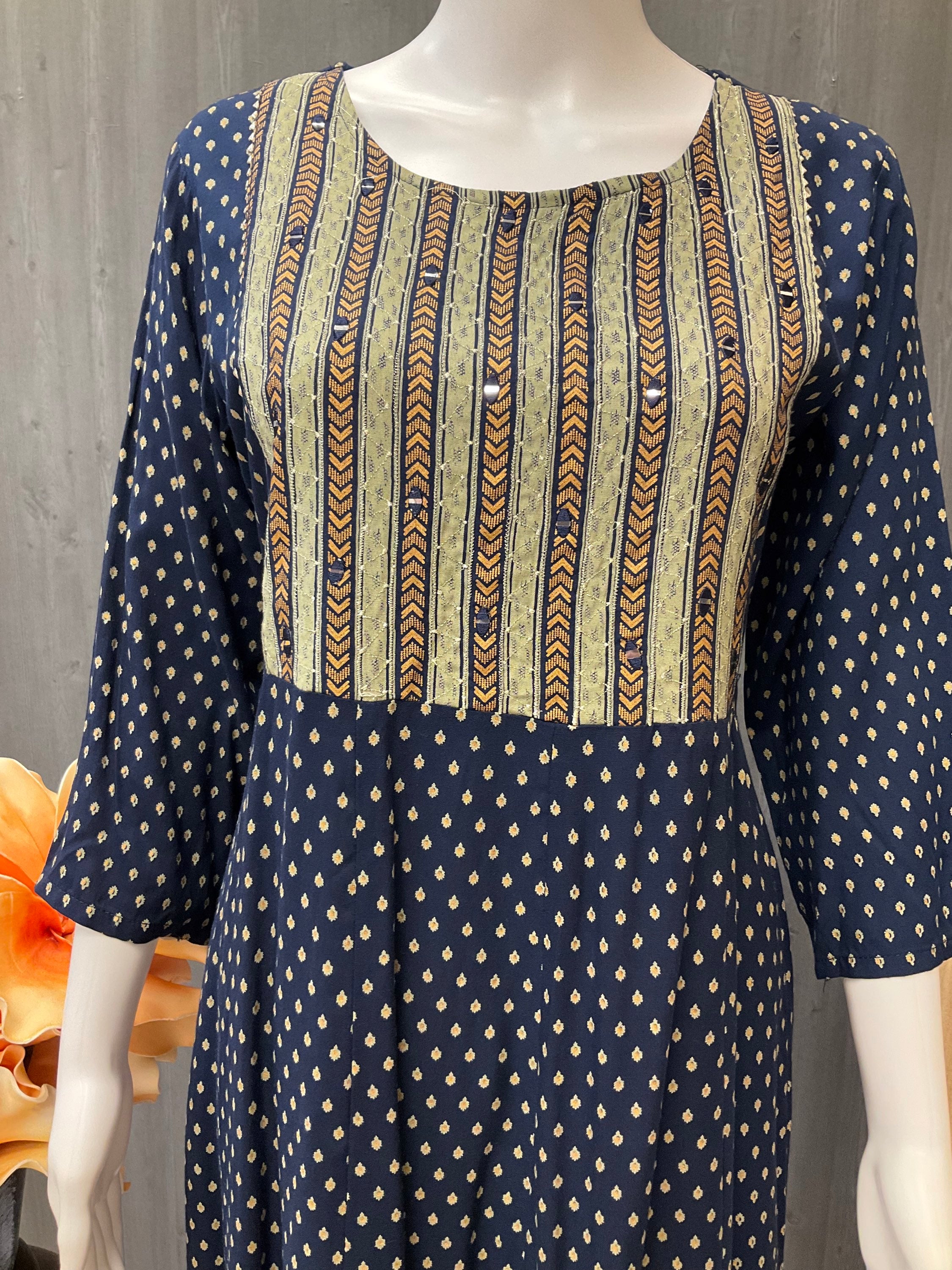 Navy blue rayon Anarkali long kurti with gold print image 2