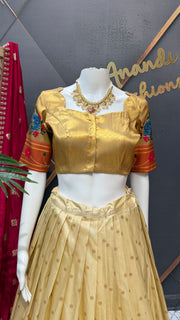 Teenage Girls Semi Paithani Half Saree/Lehenga set in Beige Color