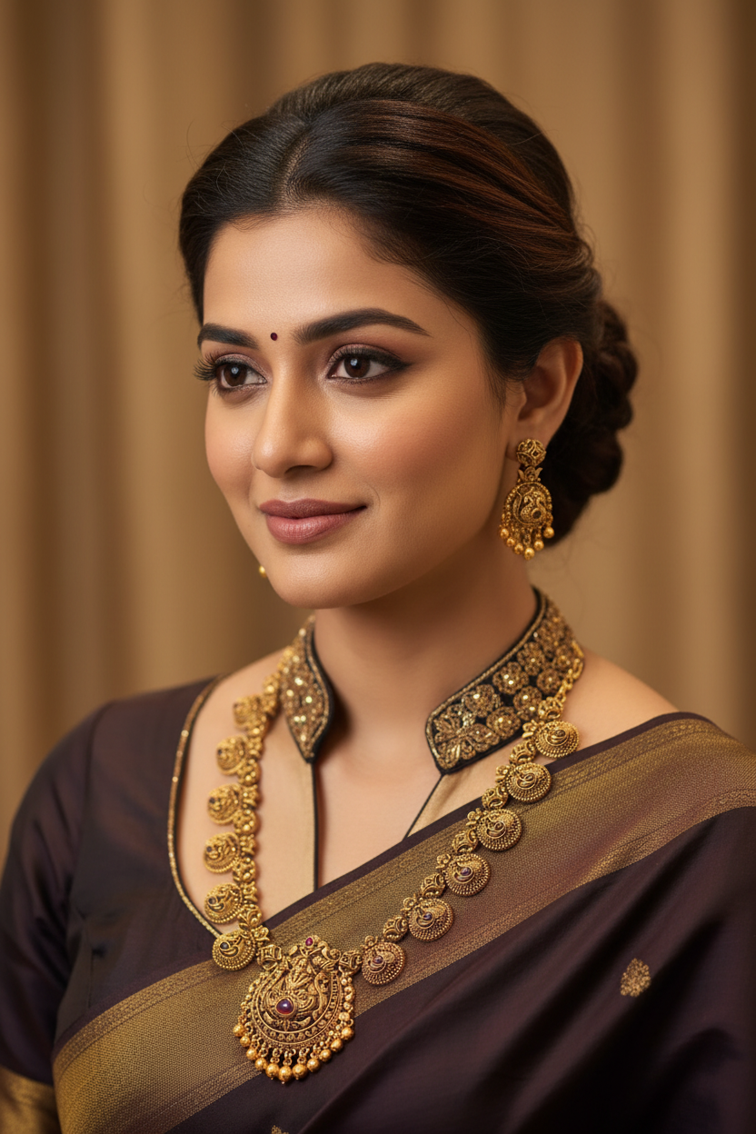 Indian woman in elegant dark saree with gold embroidery, wearing traditional gold necklace and earrings