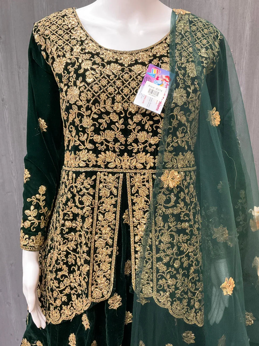 Green Velvet Peplum Lehenga Set Size 42 - Wedding & Bridal