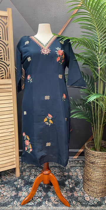 Navy Blue Party Wear Kurti Set Size 42/44 - Roman Silk with Embroidery