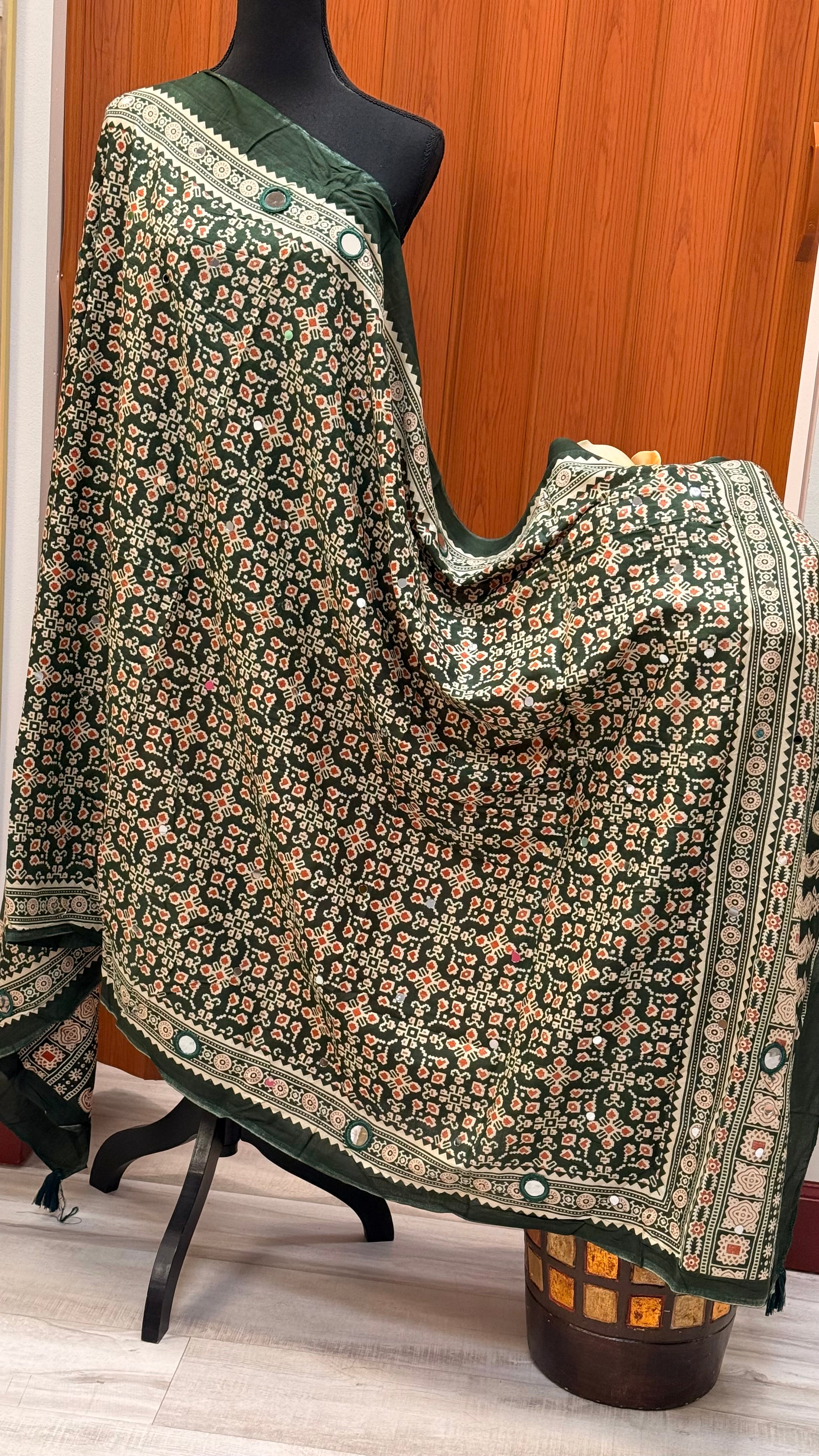 Green Pure Cotton Mirror Dupatta- Orange Print