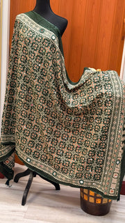 Green Pure Cotton Mirror Dupatta- Orange Print