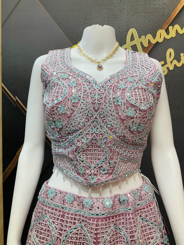 Pastel Net Lehenga Set with Real Mirror Work - Heavy Party Wear