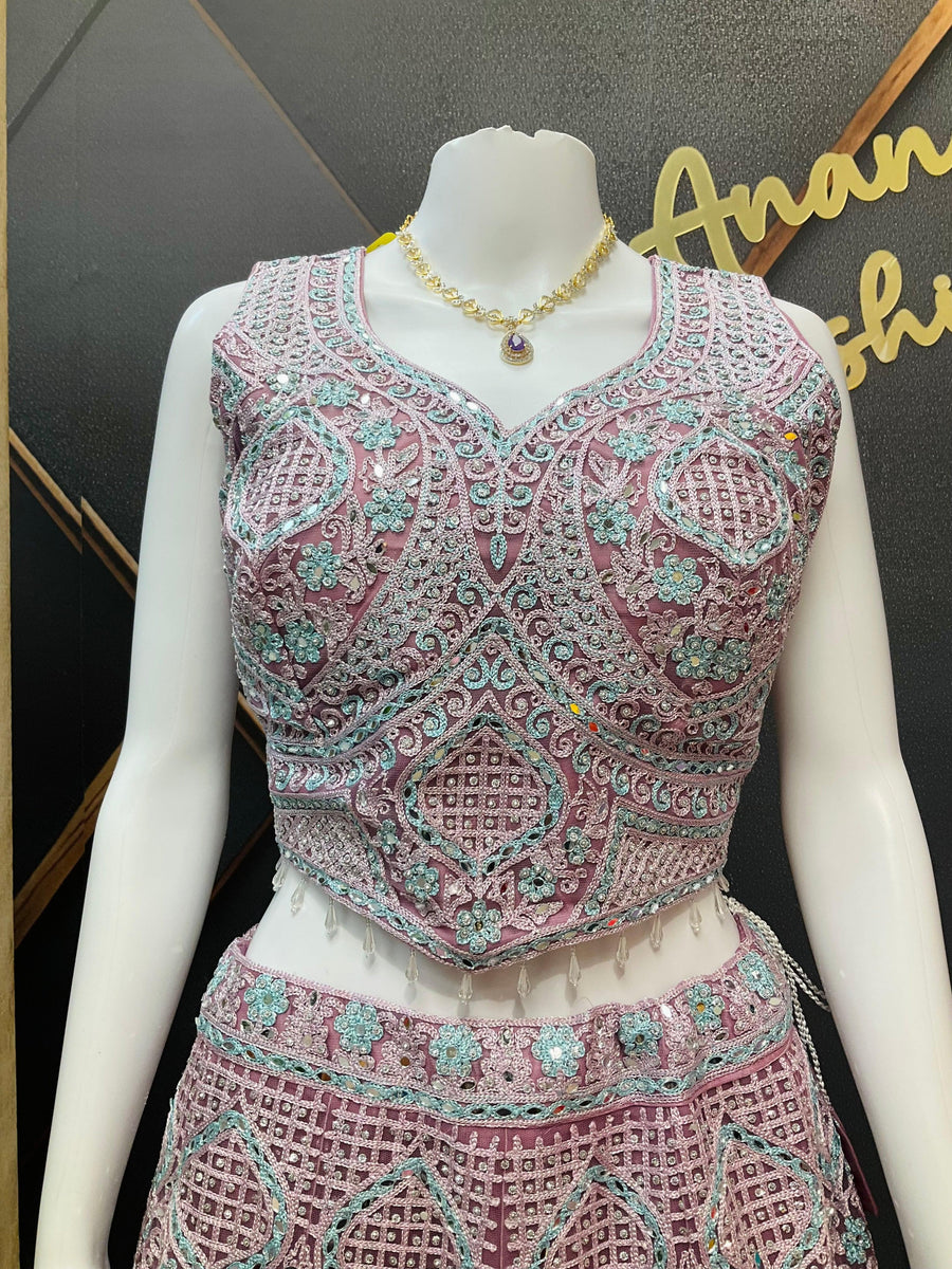 Pastel Net Lehenga Set with Real Mirror Work - Heavy Party Wear