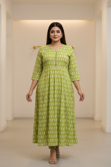 Plus Size Green Anarkali Kurti - Soft Rayon Ethnic Wear