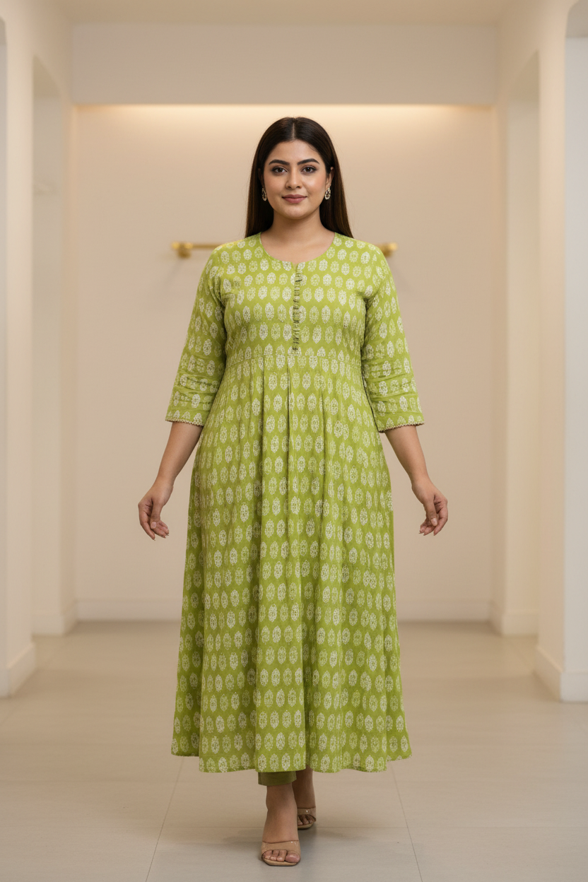 Plus Size Green Anarkali Kurti - Soft Rayon Ethnic Wear