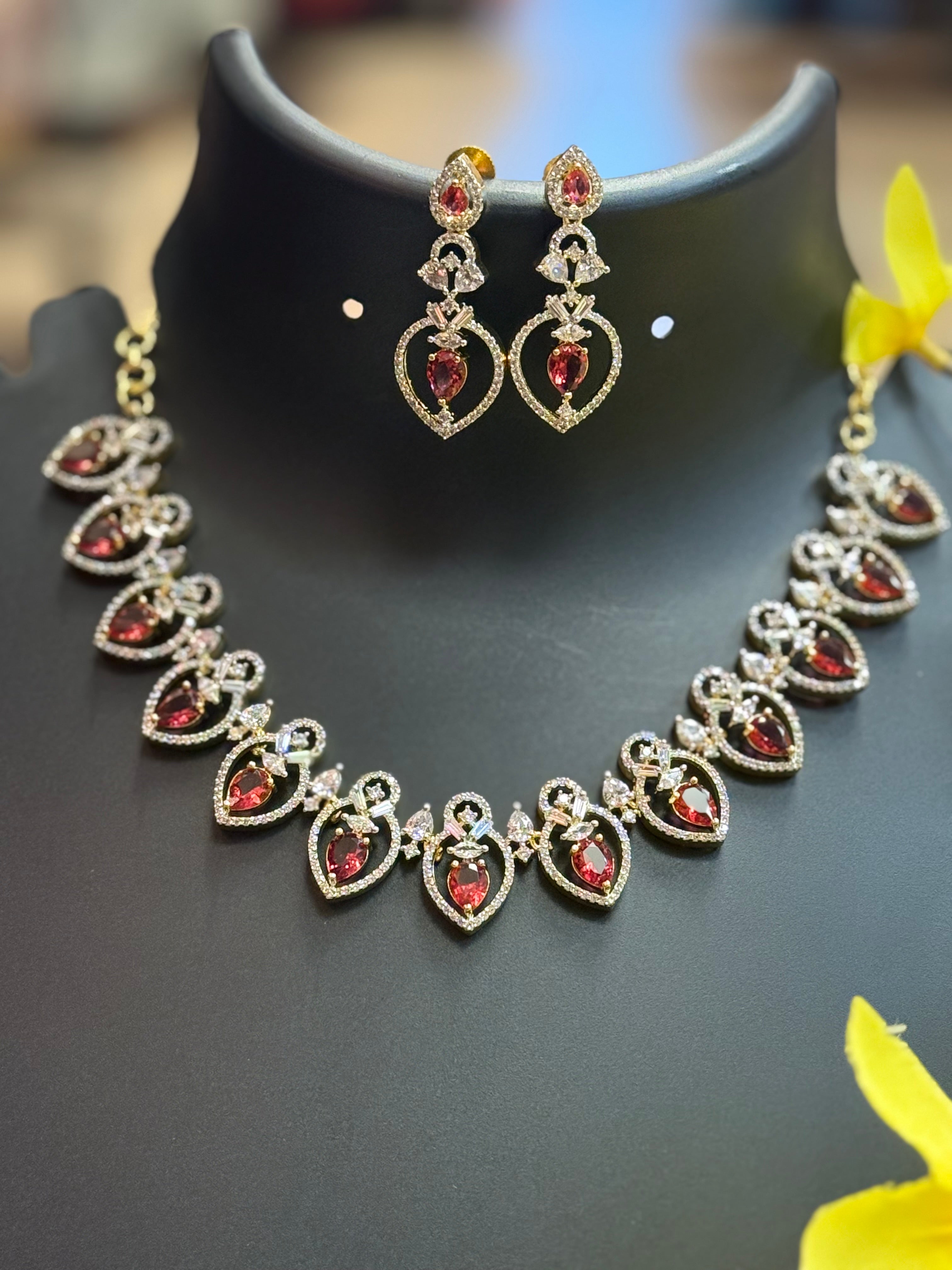 Party Wear - CZ Necklace set with Red Stones