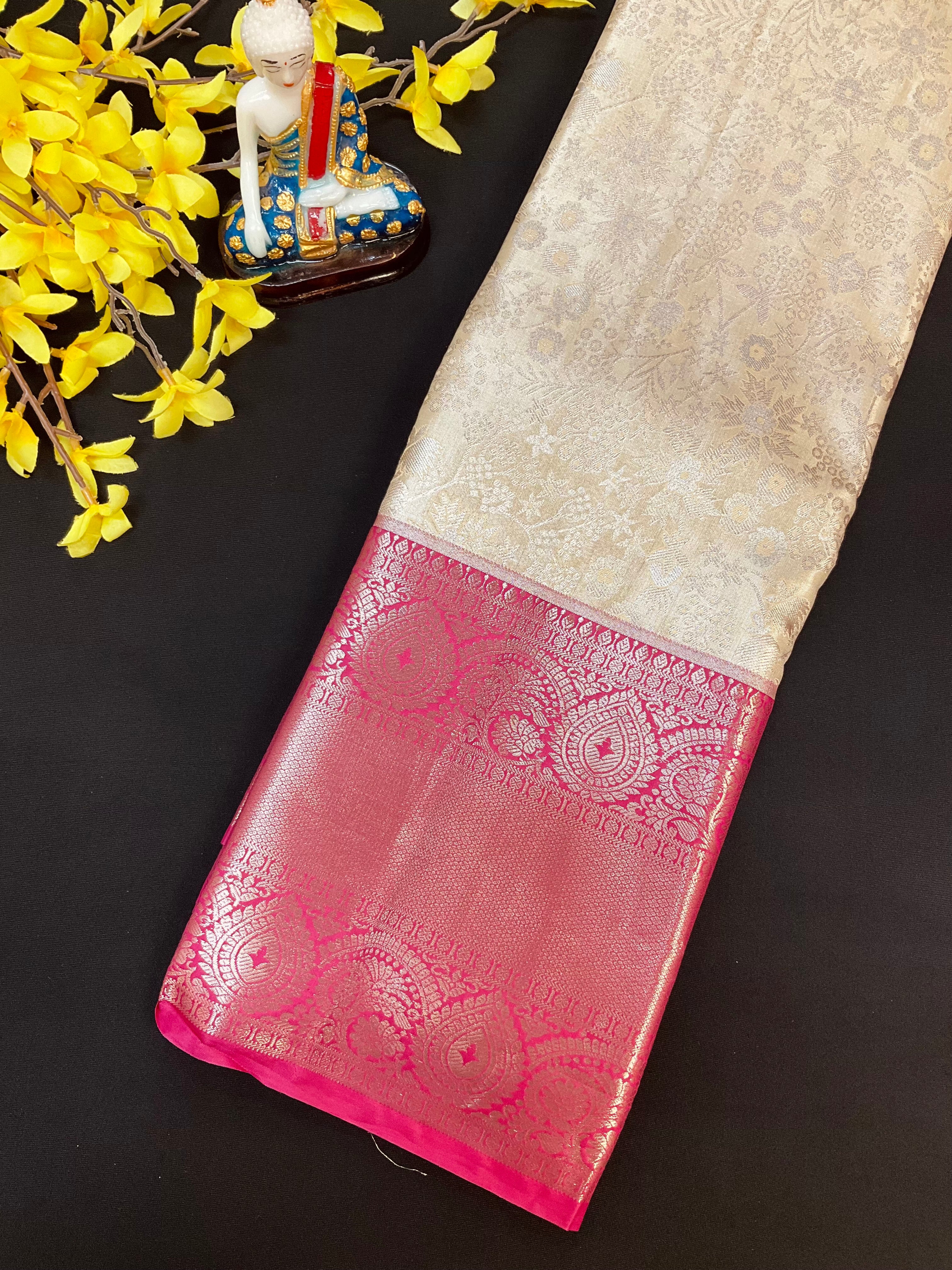 Semi Silk Beige/ Gold & Pink Border Kanjeevaram Saree