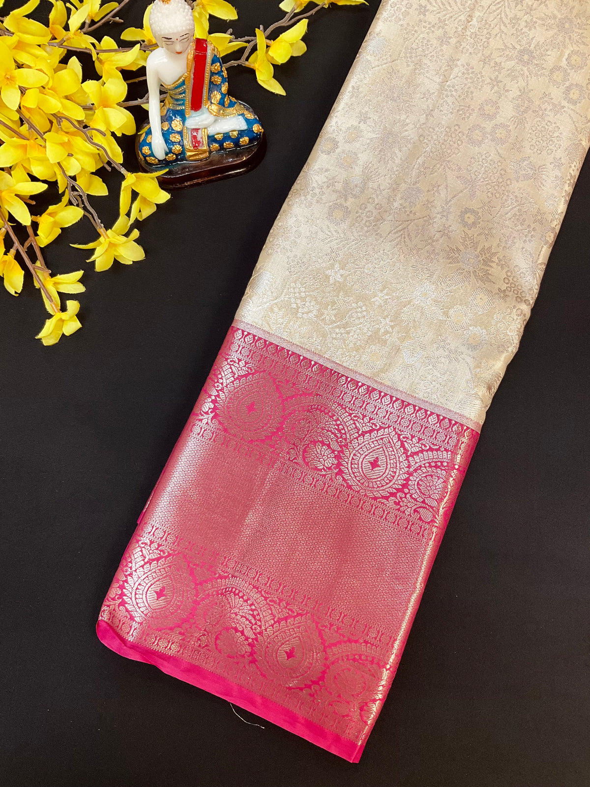 Semi Silk Beige/ Gold & pink Border Saree