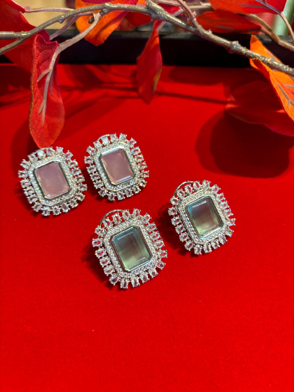 Earrings Studs - Premium Quality CZ Silver Finish Mint Color Earrings image 0