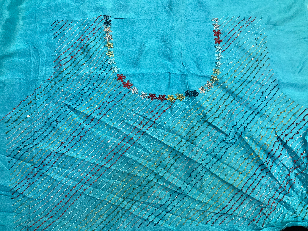 Blue organza saree shaded with Kantha thread work saree image 4