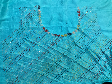 Blue organza saree shaded with Kantha thread work saree
