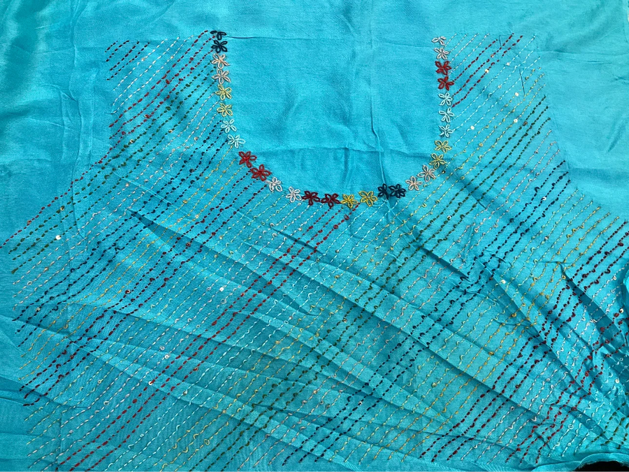 Blue organza saree shaded with Kantha thread work saree