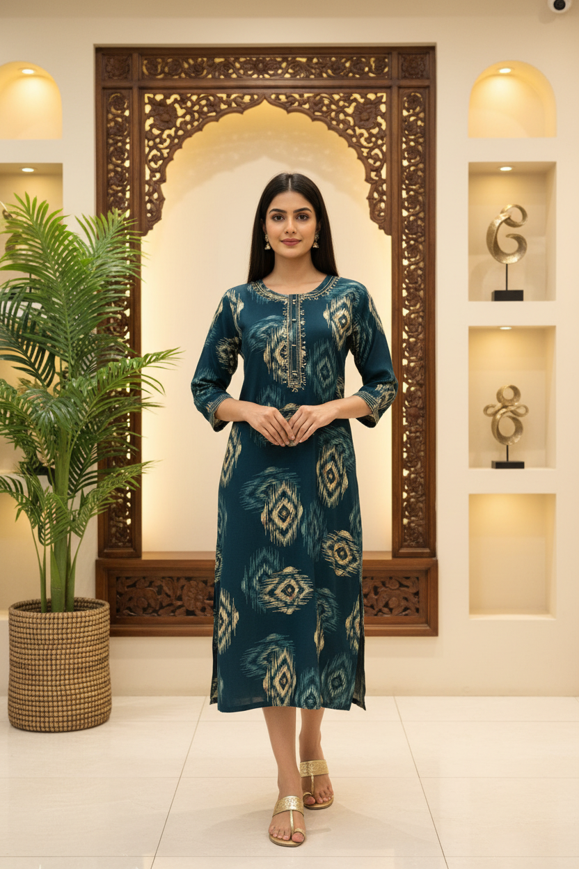 Teal Blue - Rayon Kurti