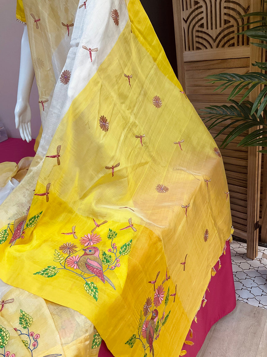 Mangalagiri Silk Half White Saree with stitched Blouse