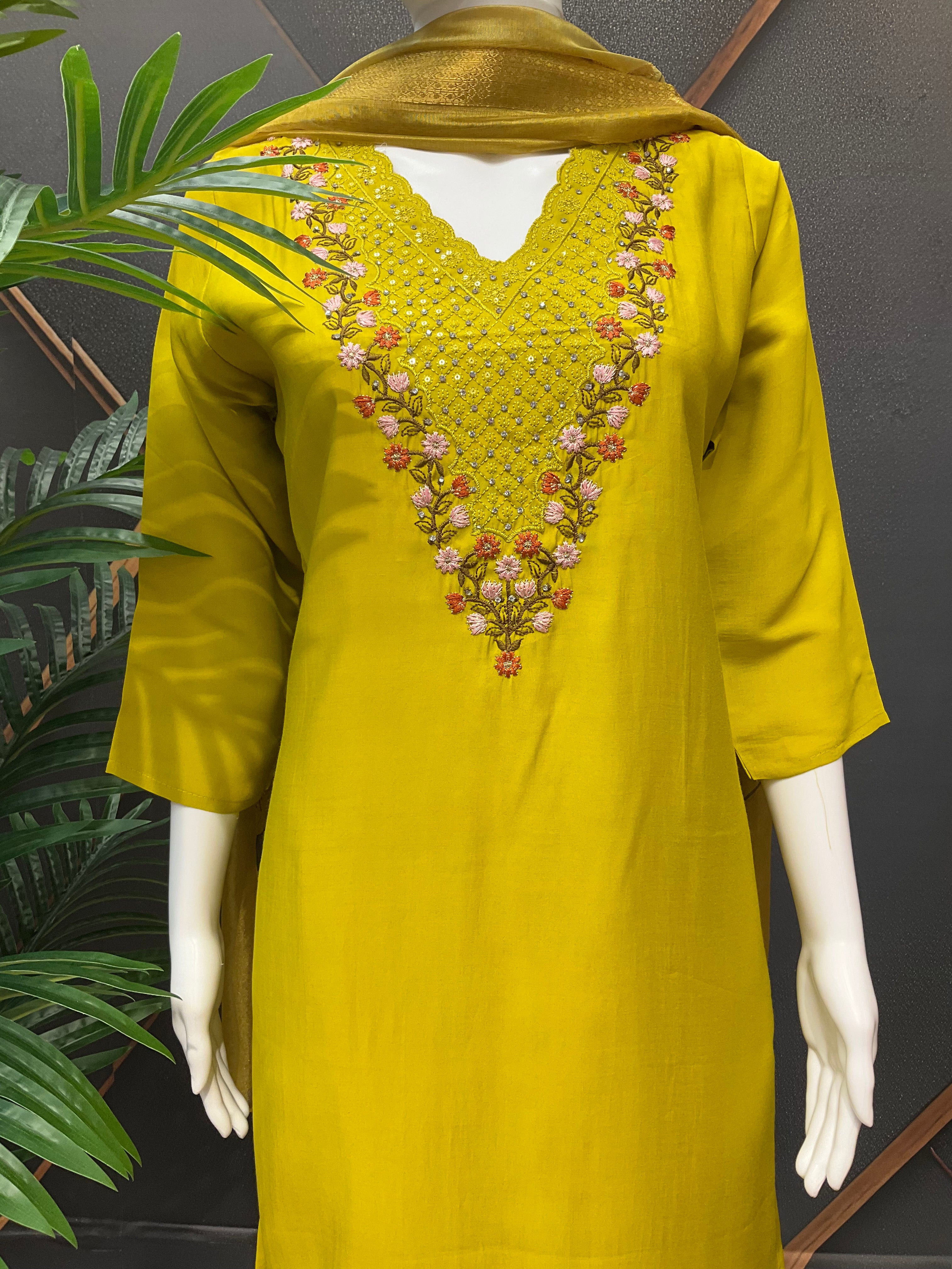 Size 38-Green - Roman Silk Chudidhar/Kurti set with Digital Print Dupatta