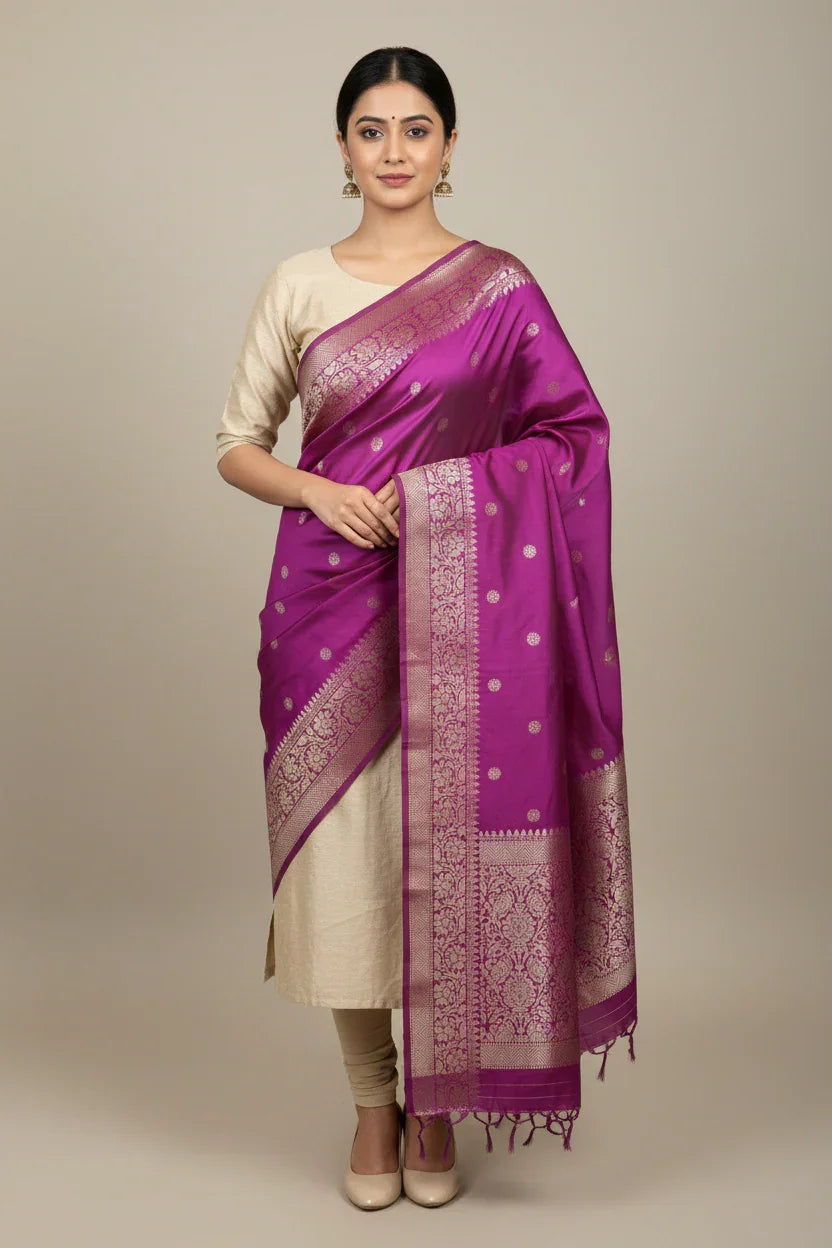 Woman wearing elegant purple and gold banarasi silk saree with cream blouse in studio at Anandi Fashions