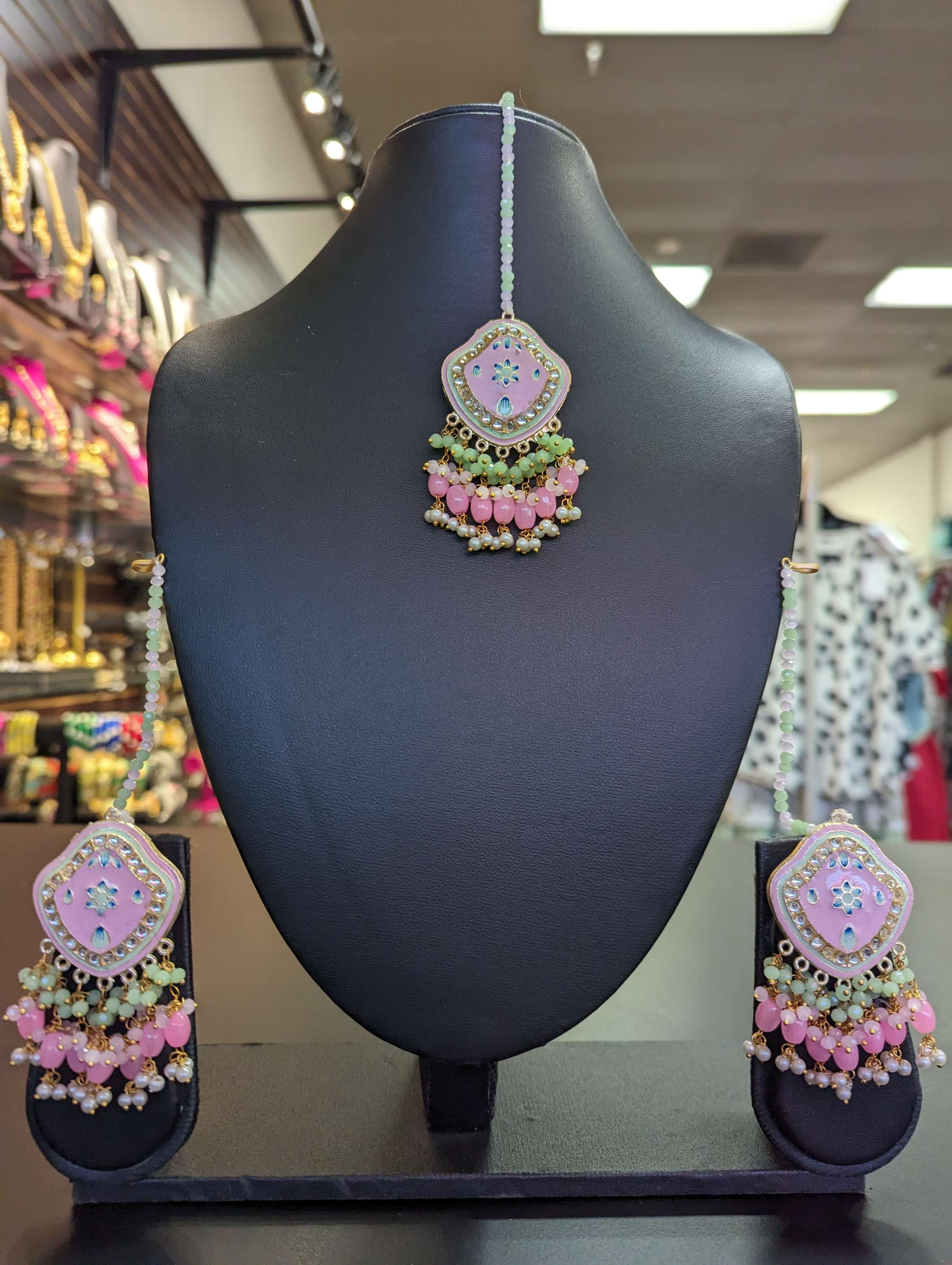 Pink -Indian Jhumka Earrings - Earrings set with Mang tikka image 0