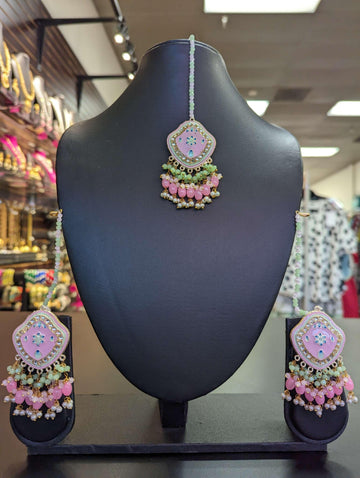 Pink -Indian Jhumka Earrings - Earrings set with Mang tikka