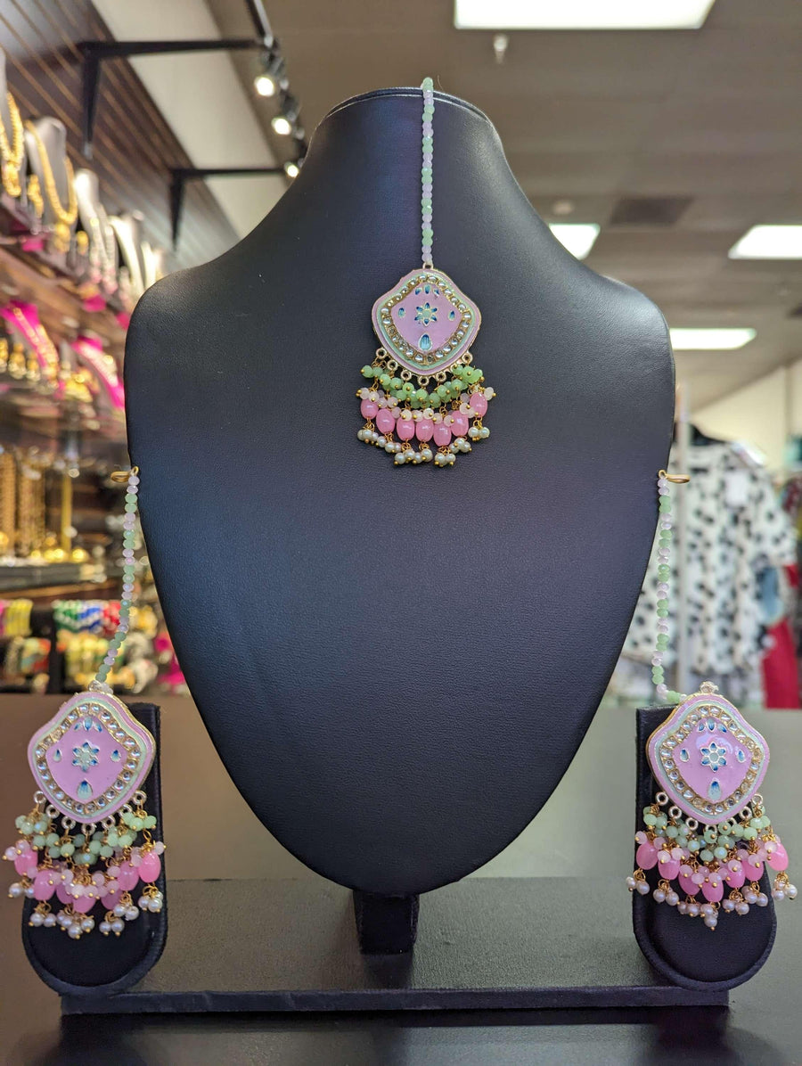 Pink -Indian Jhumka Earrings - Earrings set with Mang tikka