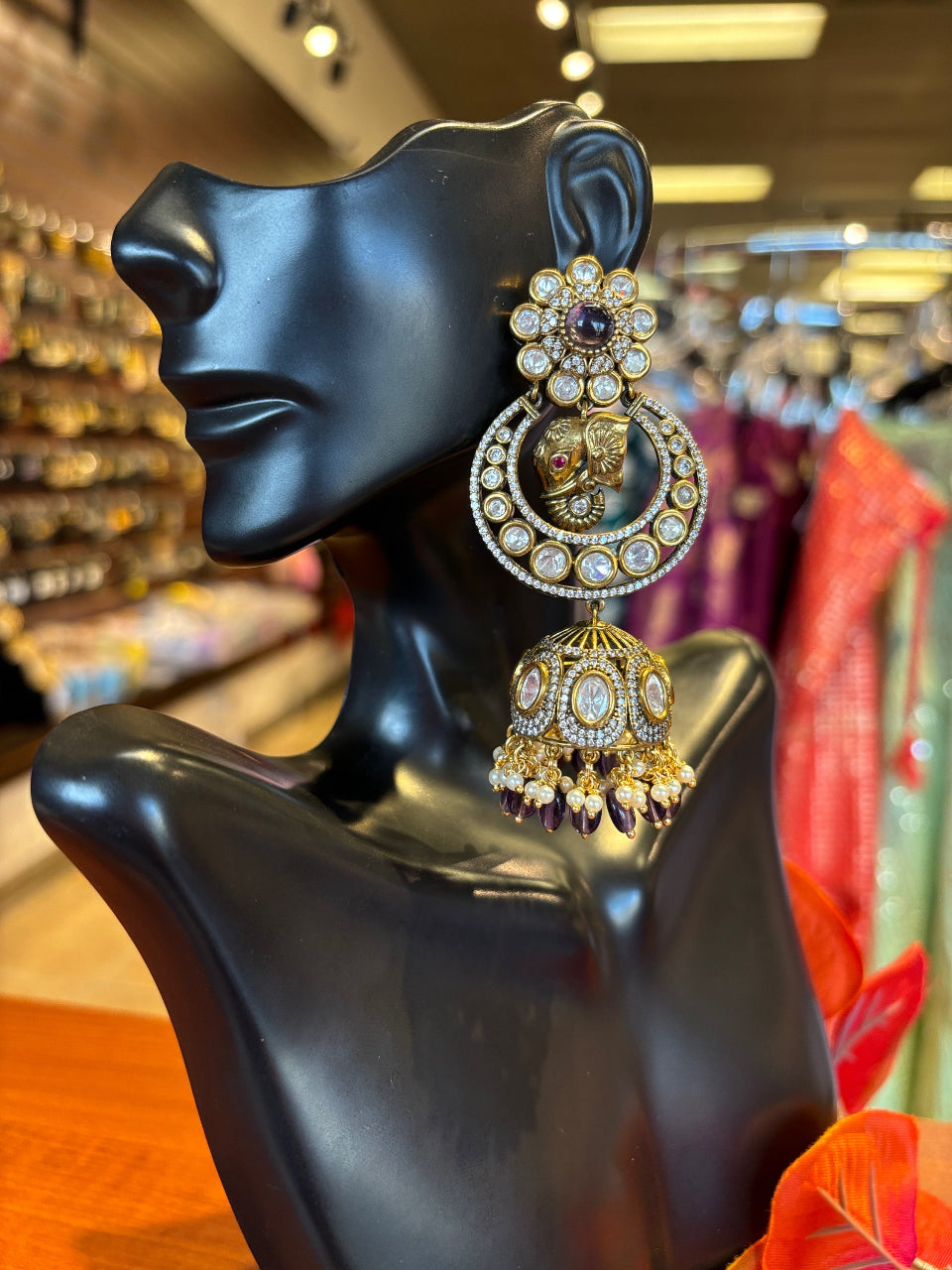 CZ Earrings - Long Victorian Jhumkas with Elephant Design image 0