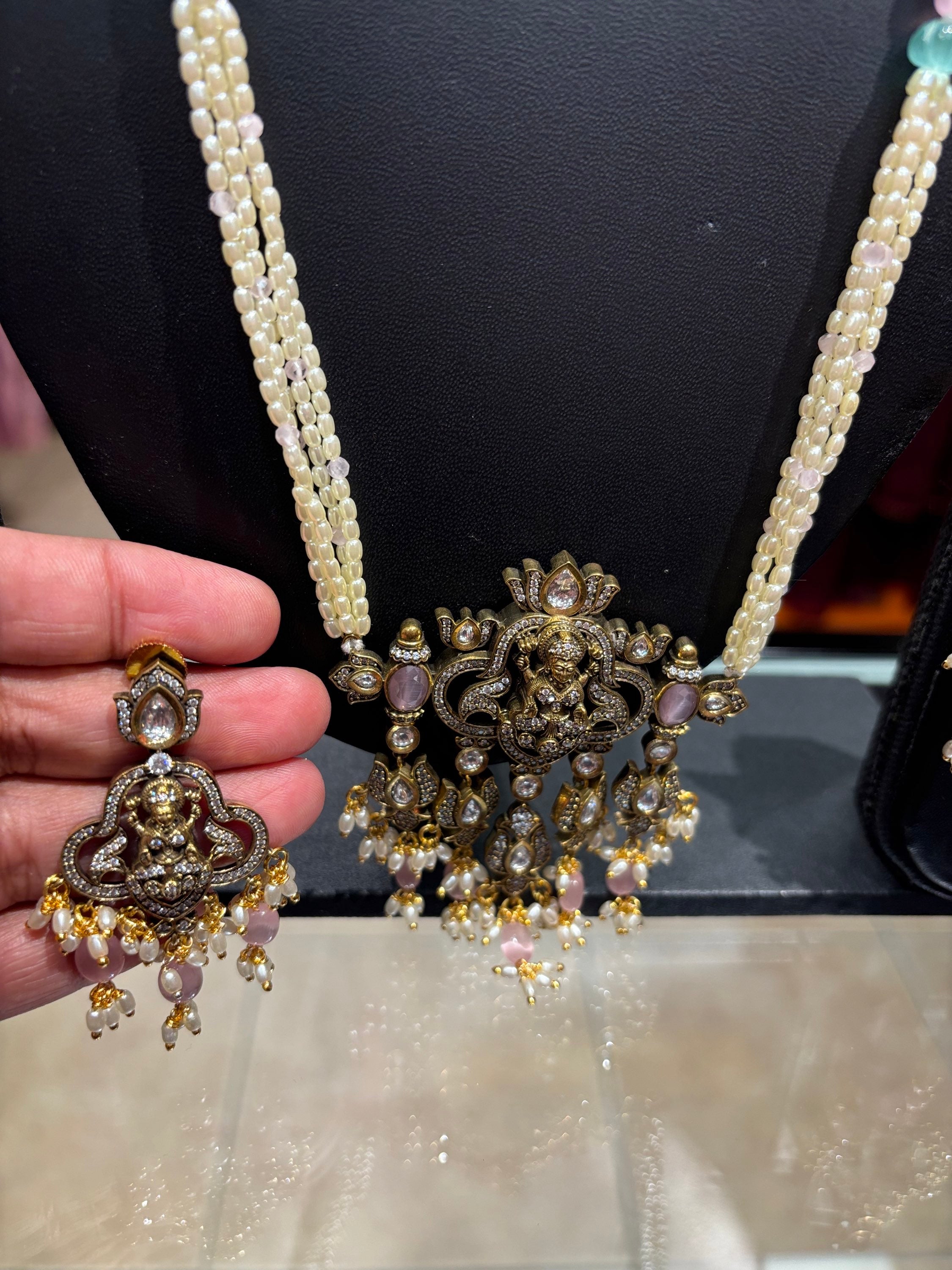 Pearl Long Necklace set with Goddess Lakshmi Pendant set image 4
