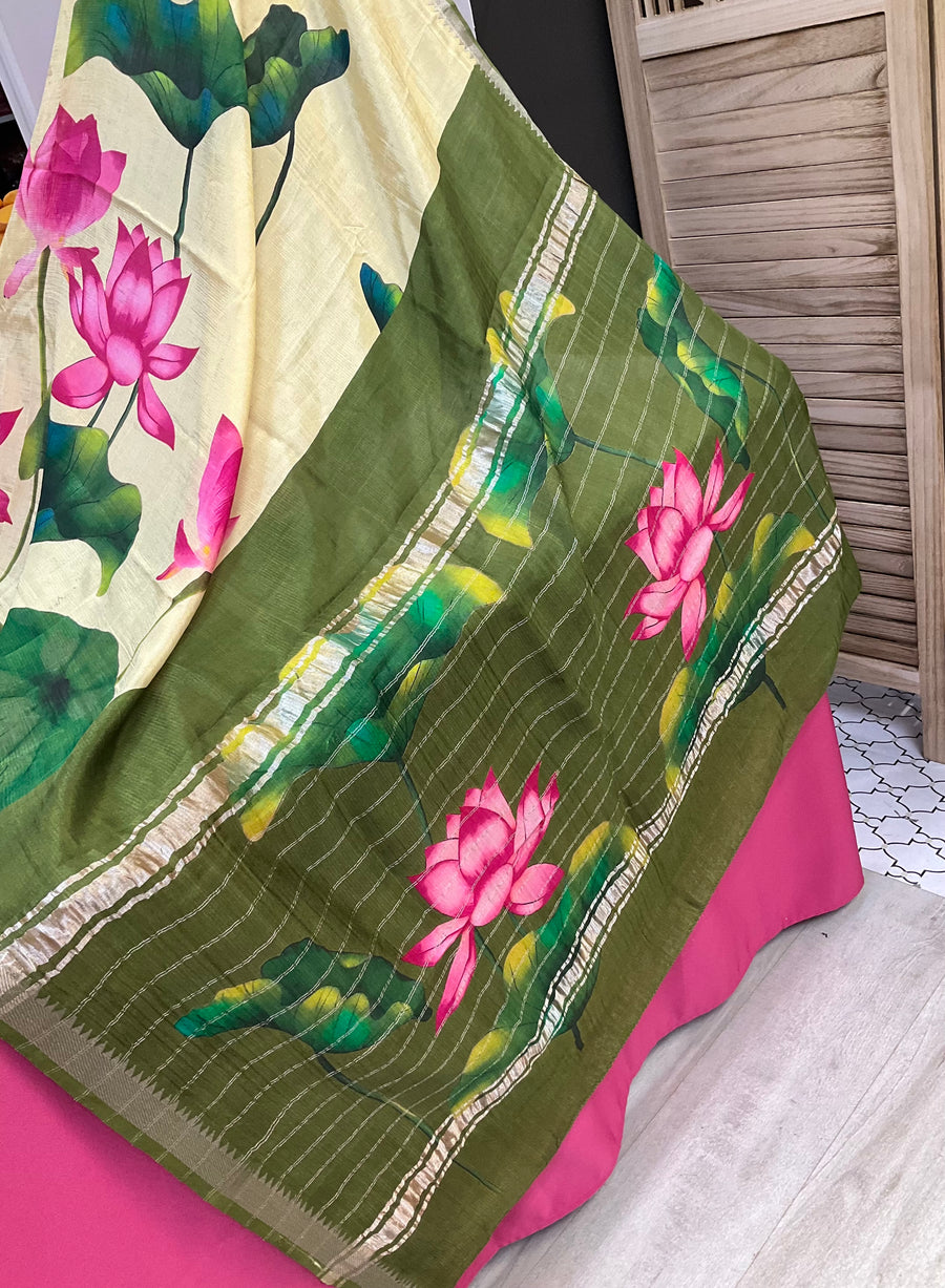 Mangalagiri Silk Digital Print Lotus Saree with stitched Blouse