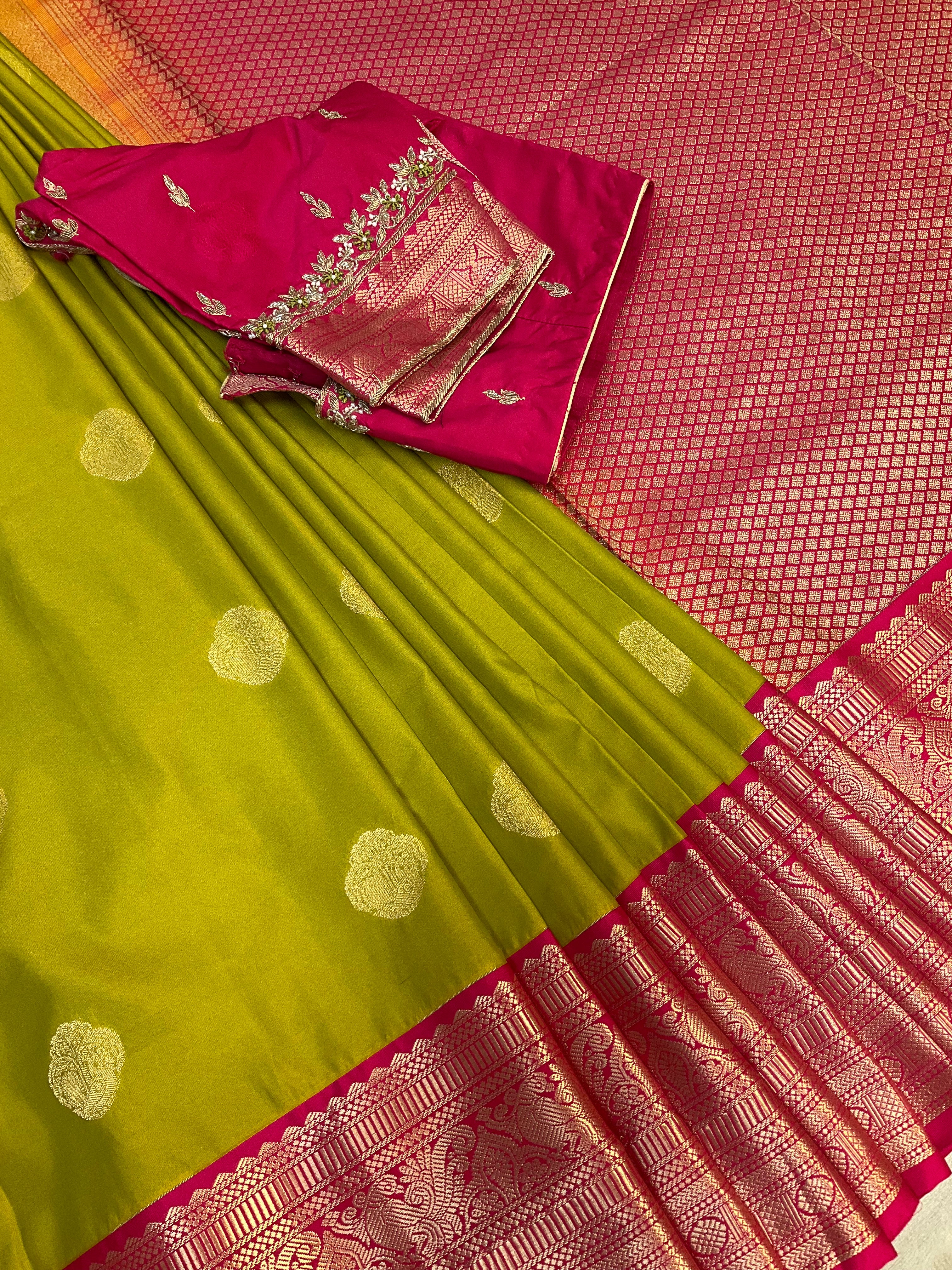 Mehandi green semi kanjeevaram Pattu/Silk saree with maggam work Stitched blouse- Fall Pico done