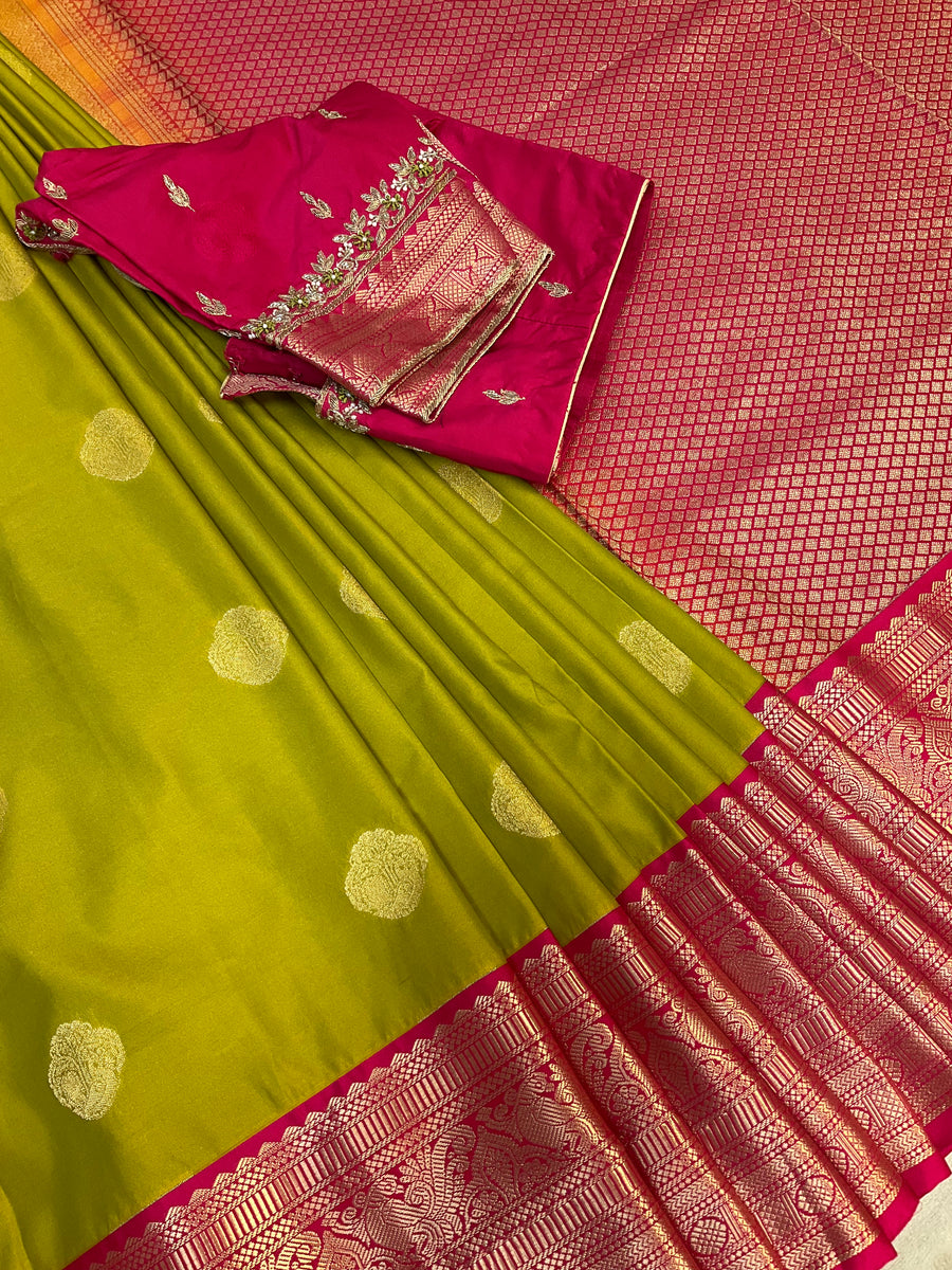 Mehandi green semi kanjeevaram Pattu/Silk saree with maggam work Stitched blouse