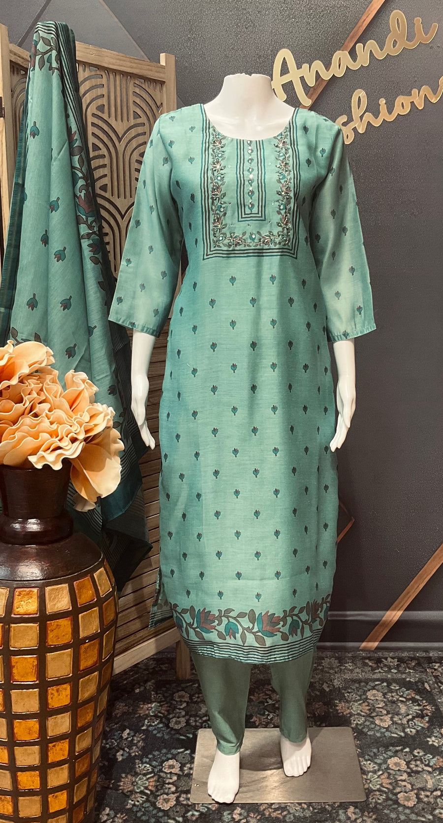 Pastel Blue Cotton Chanderi Silk Kurti set