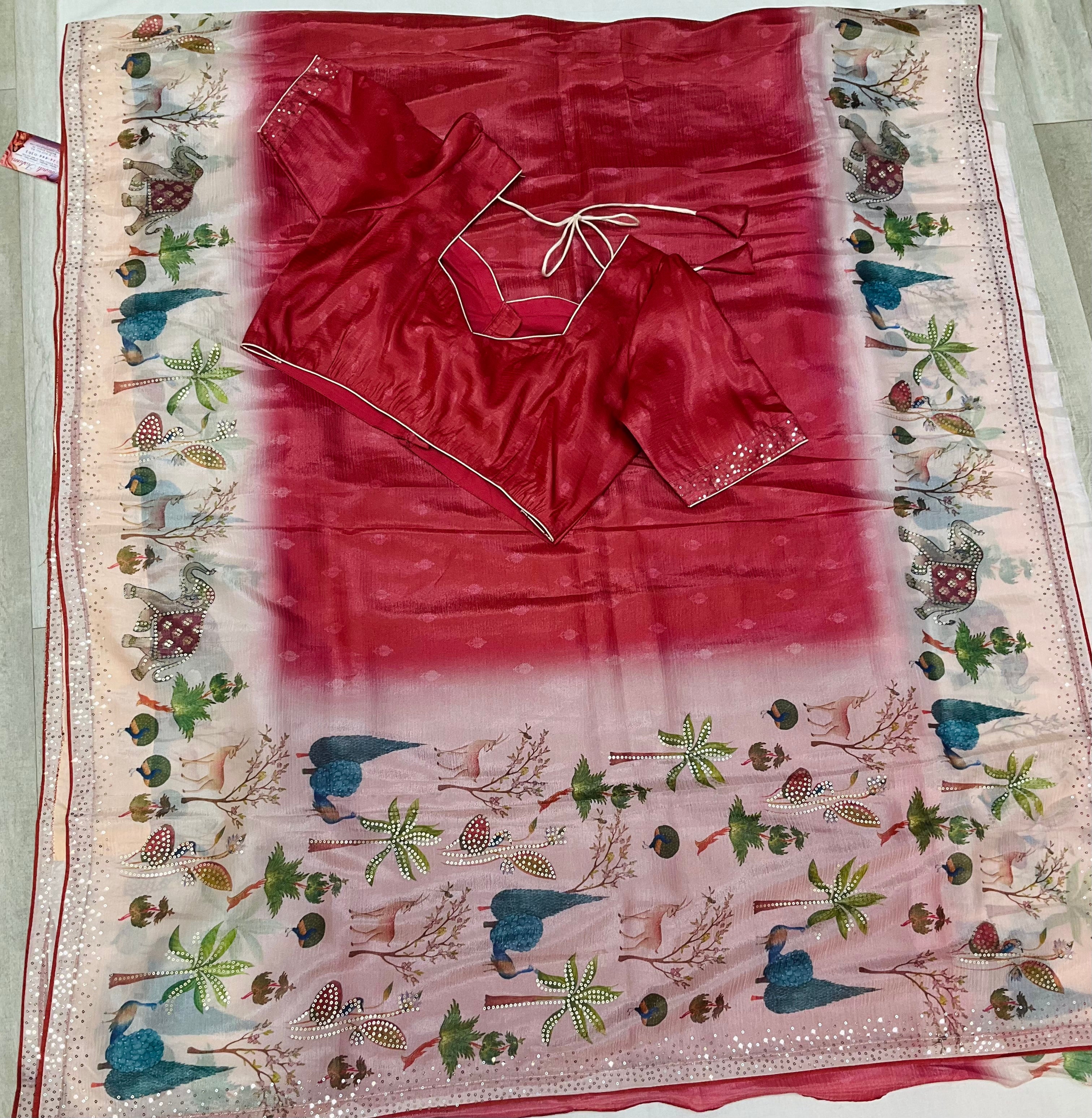 Red Party wear saree with Stitched blouse - fall pico done