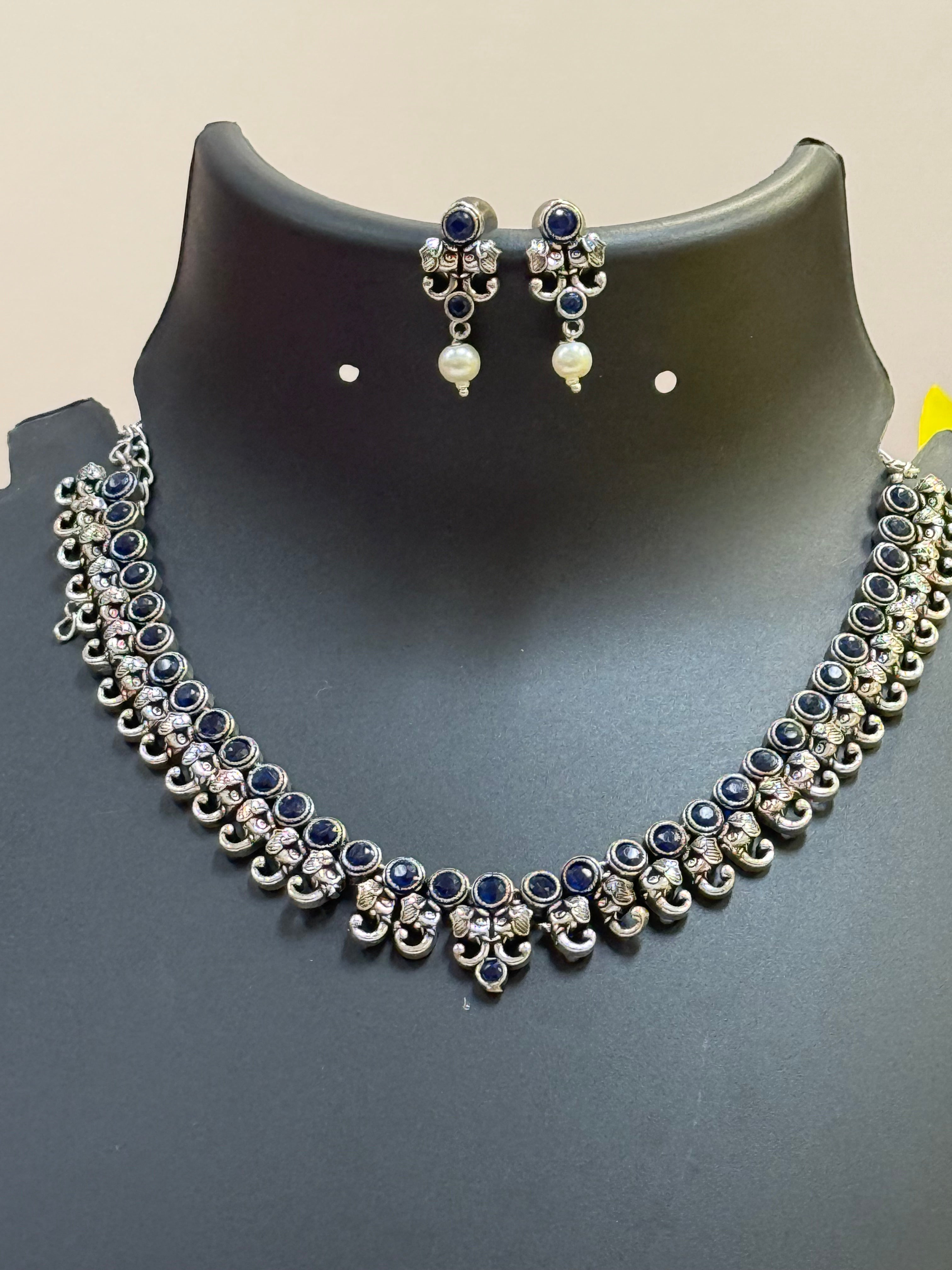Elephant Design Blue German Silver Necklace set