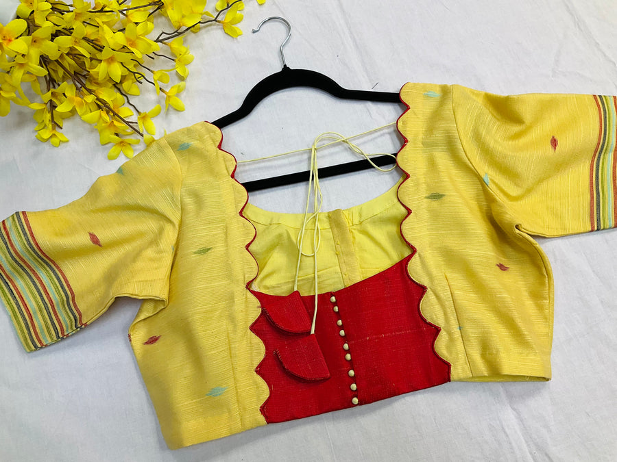 Yellow-Lenin Jamdhani saree with Stitched blouse