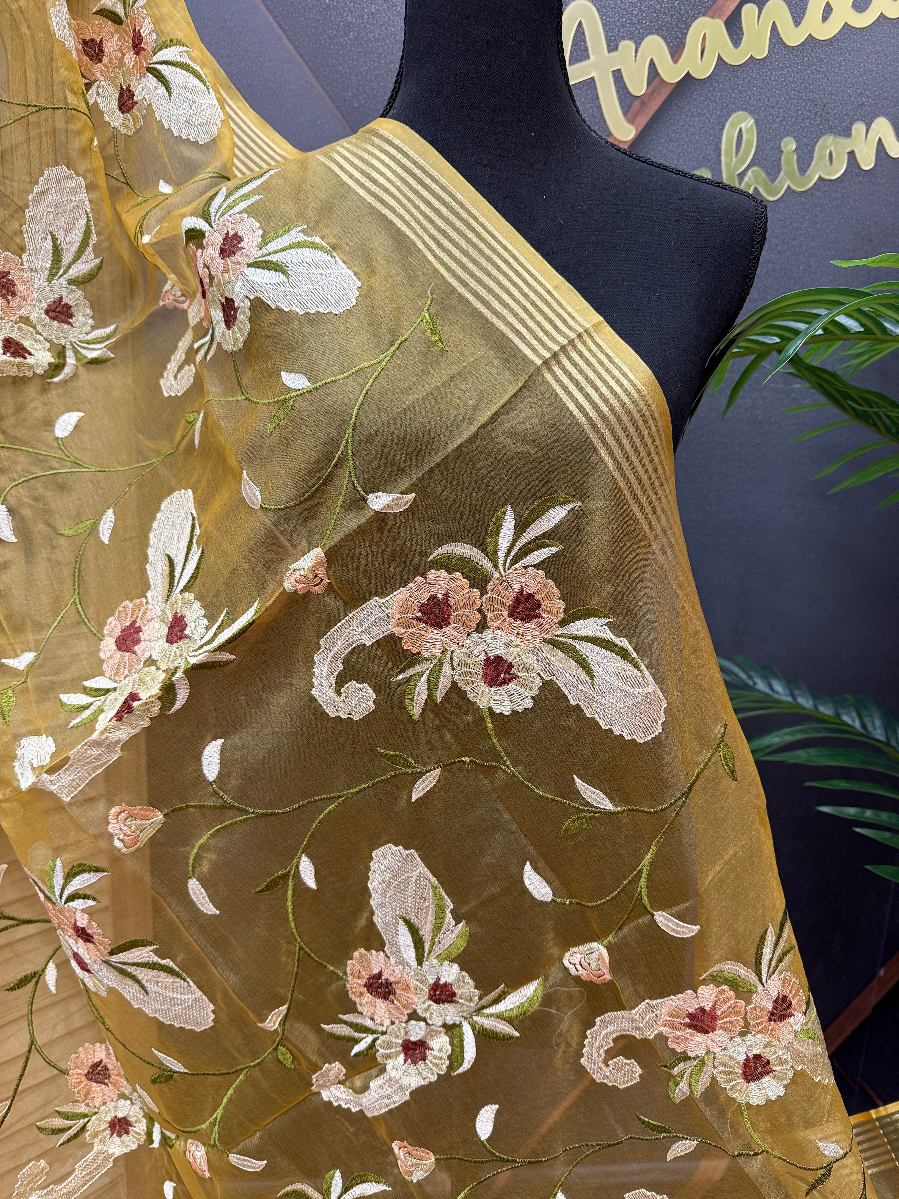 Yellow Organza Embroidered Dupattas