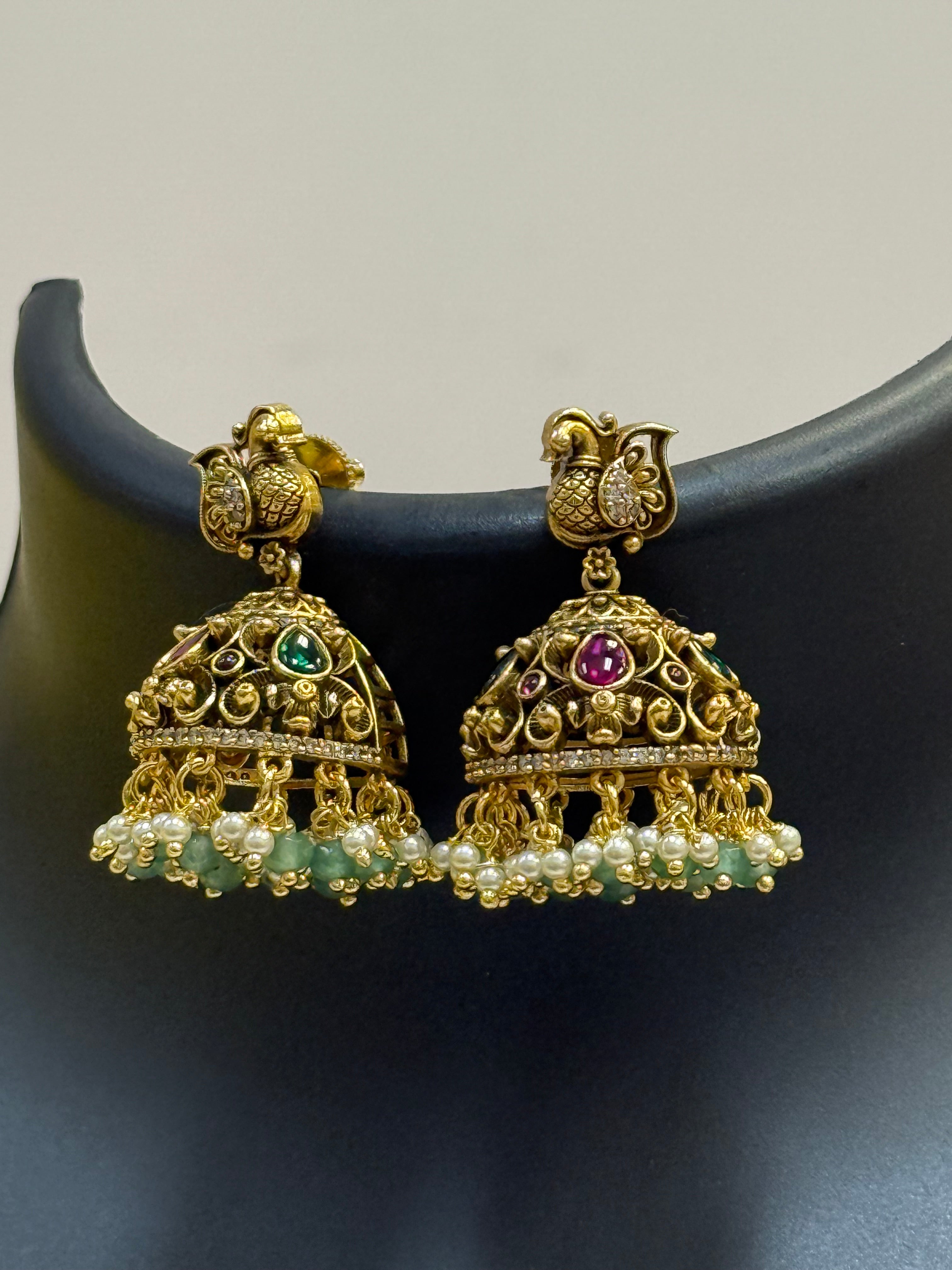 Antique Finish Peacock Guttapusalu Jhumkas/Earrings - Anandi Fashions