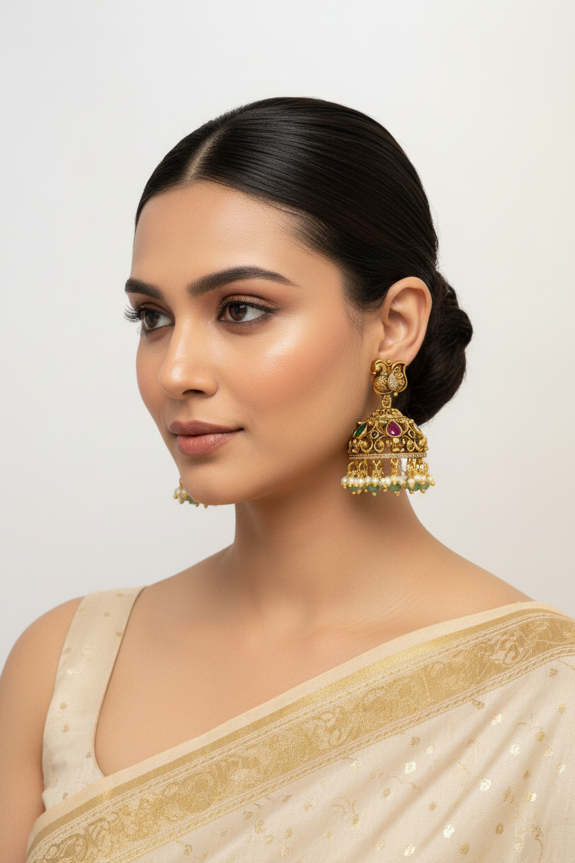 Antique Finish Peacock Guttapusalu Jhumkas/Earrings - Anandi Fashions