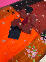 Mangalagiri Silk Orange Saree with stitched Blouse