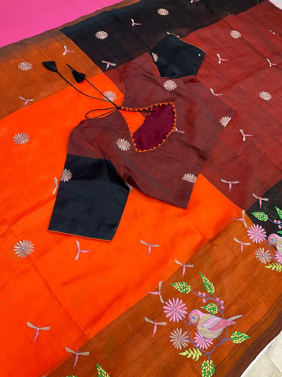 Mangalagiri Silk Orange Saree with stitched Blouse
