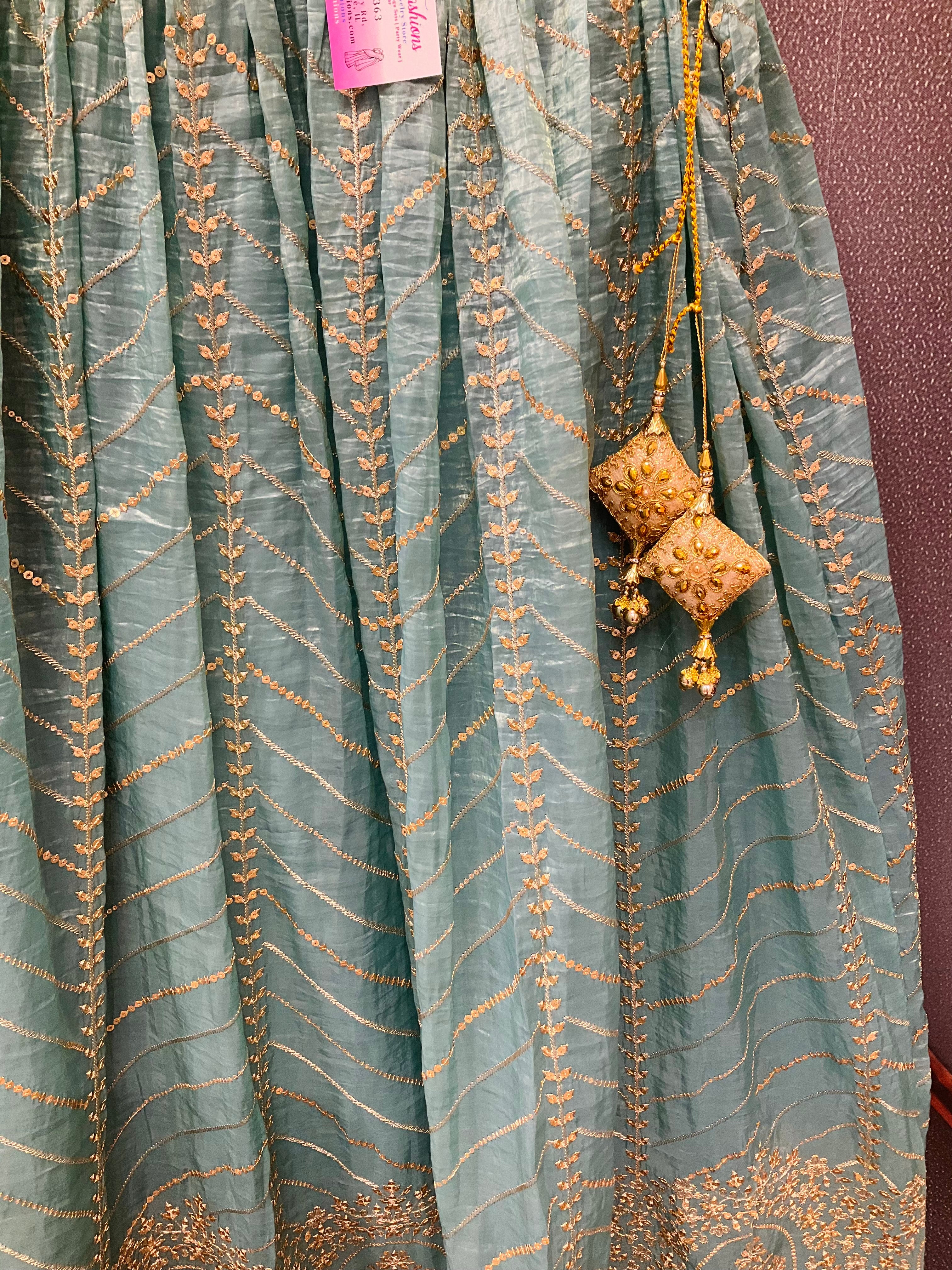 Party Wear Organza Skirts with Gold Zari work