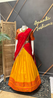 Teenage Girls Yellow & Red Semi Paithani Half saree/Lehenga set