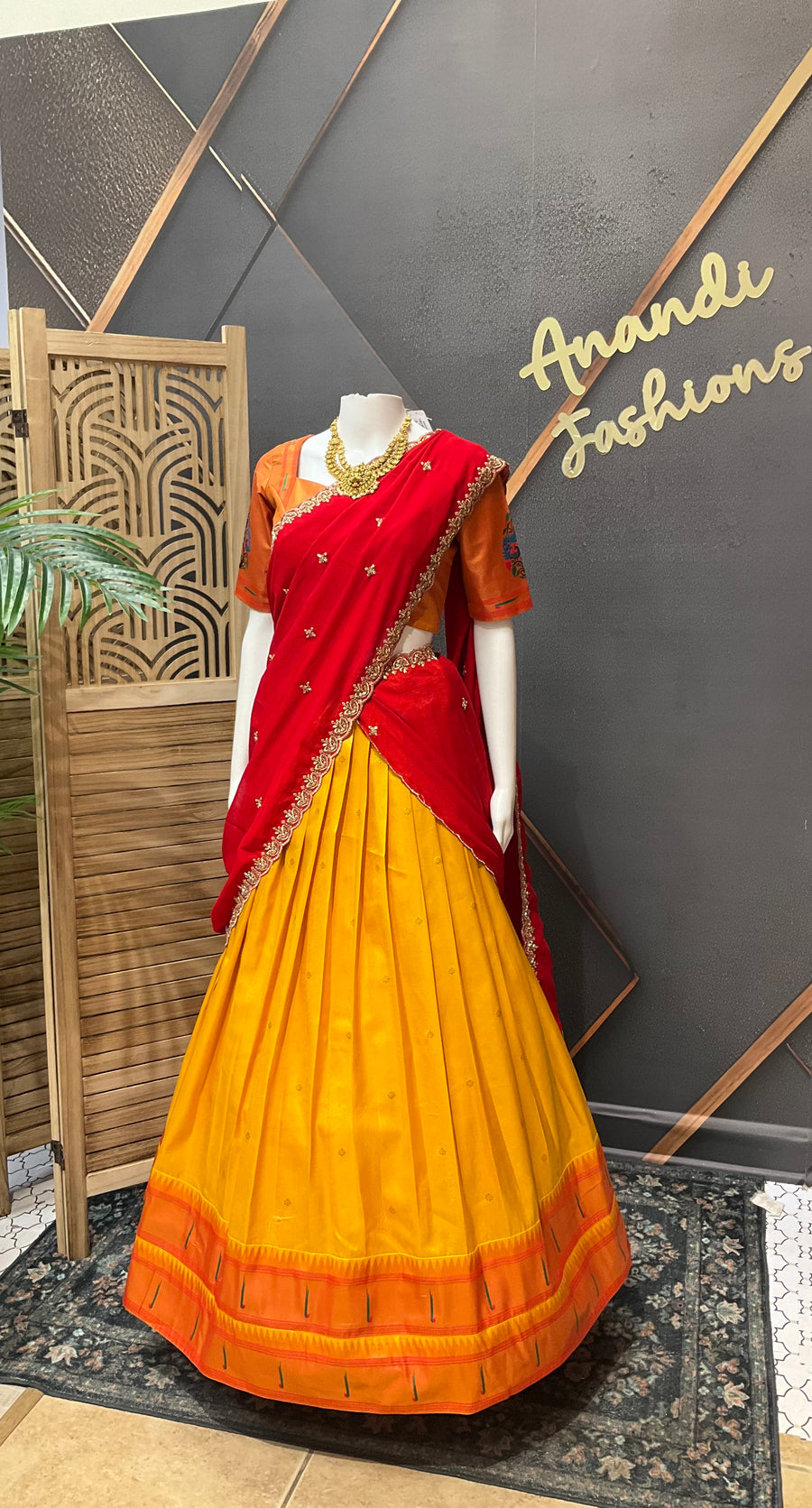 Teenage Girls Yellow & Red Semi Paithani Half saree/Lehenga set