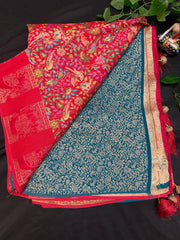 Premium Kashmiri Silk Red Saree with All Over Design