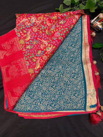 Premium Kashmiri Silk Red Saree with All Over Design